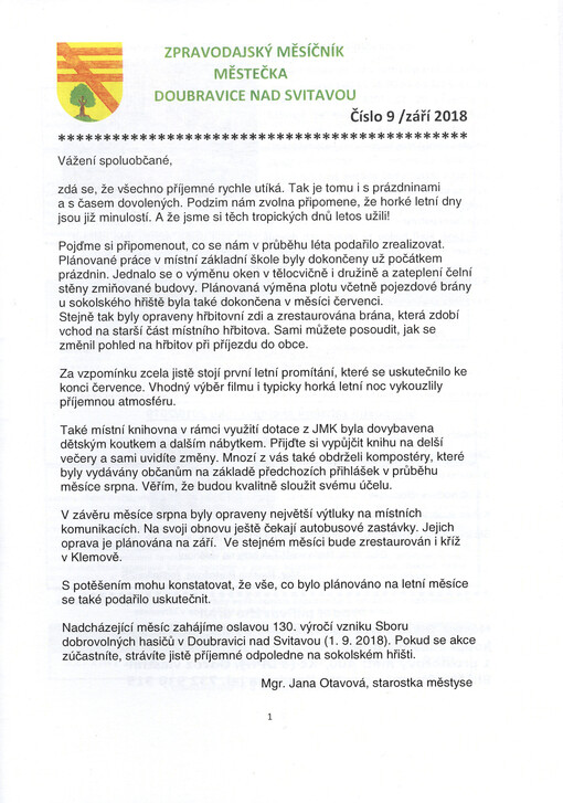 Zpravodajský měsíčník městečka Doubravice nad Svitavou