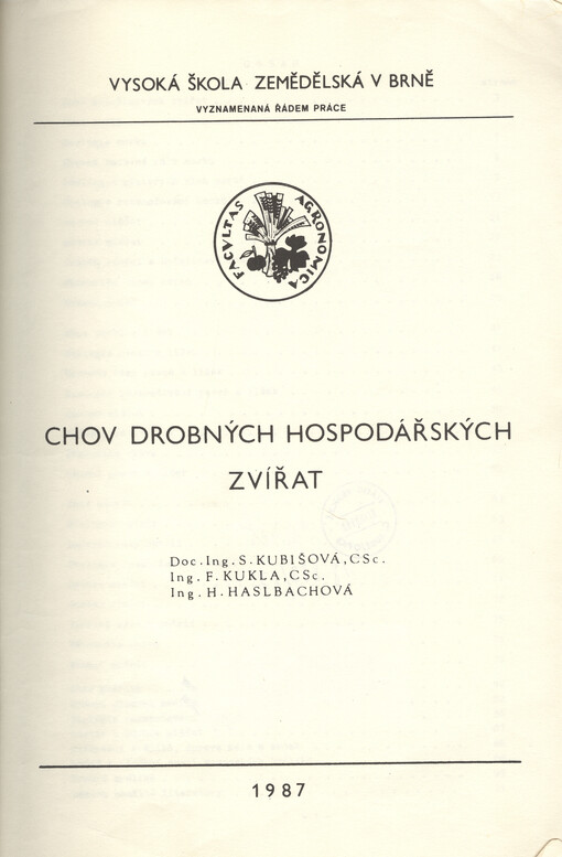 Chov drobných hospodářských zvířat :[určeno pro posl. agronomické fak.]