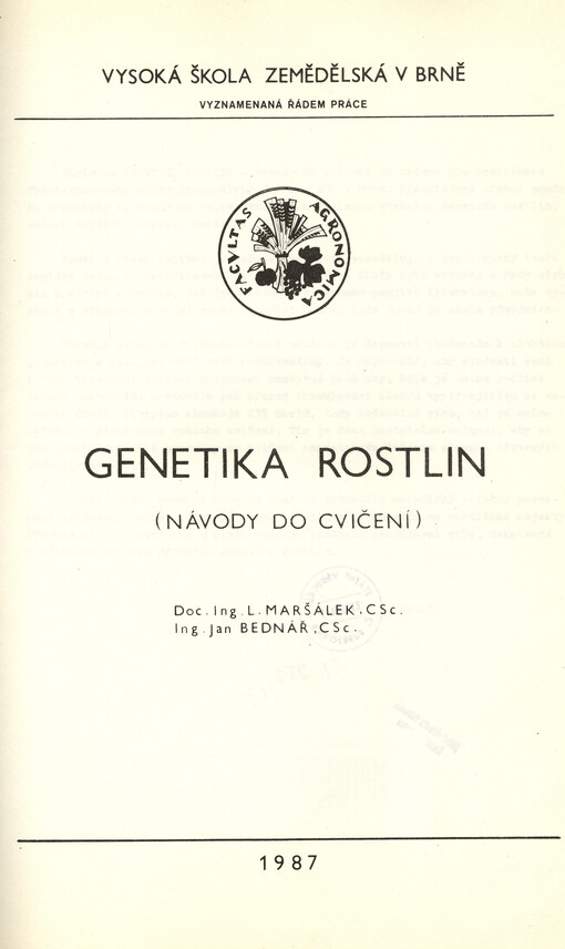 Genetika rostlin :návody do cvičení