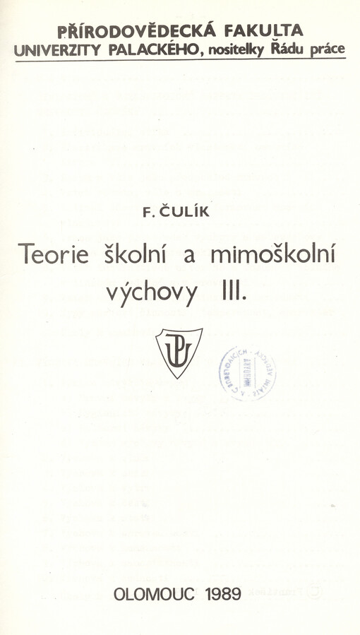 Teorie školní a mimoškolní výchovy III :Určeno pro posl. přírodověd. fak.
