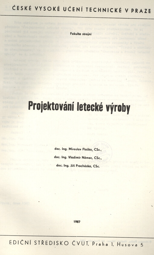 Projektování letecké výroby :určeno pro stud. fak. strojní