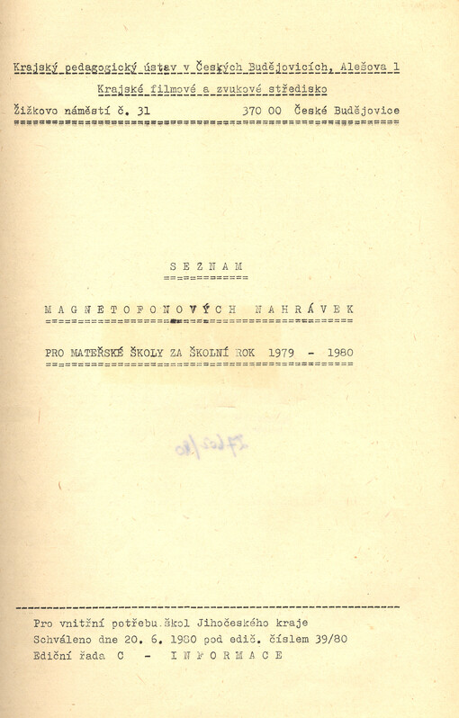 Seznam magnetofonových nahrávek pro mateřské školy za školní rok 1979-1980