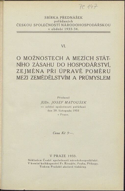 O možnostech a mezích státního zásahu do hospodářství, zejména při úpravě poměru mezi zemědělstvím a průmyslem
