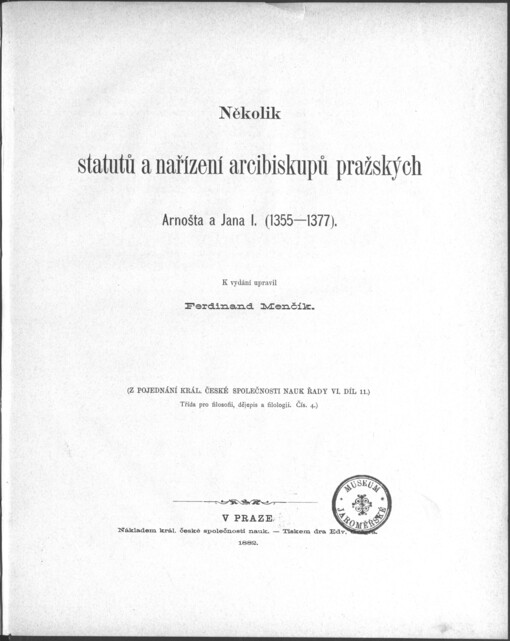 Několik statutů a nařízení arcibiskupů pražských Arnošta a Jana I. (1355-1377)