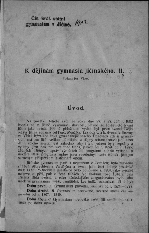 K dějinám gymnasia jičínského