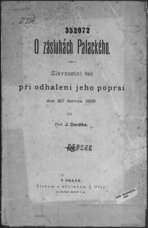 O zásluhách Palackého: slavnostní řeč při odhalení jeho poprsí dne 20. června 1885