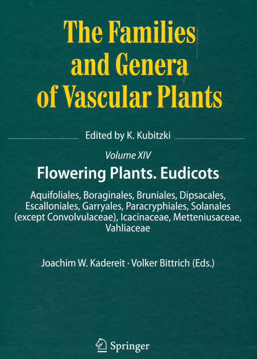 The families and genera of vascular plants. XIV, Flowering plants, eudicots. Aquifoliales, Boraginales, Bruniales, Dipsacales, Escalloniales, Garryales, Paracryphiales, Solanales (except Convolvulaceae), Icacinaceae, Metteniusaceae, Vahliaceae