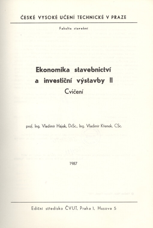 Ekonomika stavebnictví a investiční výstavby II :cvičení
