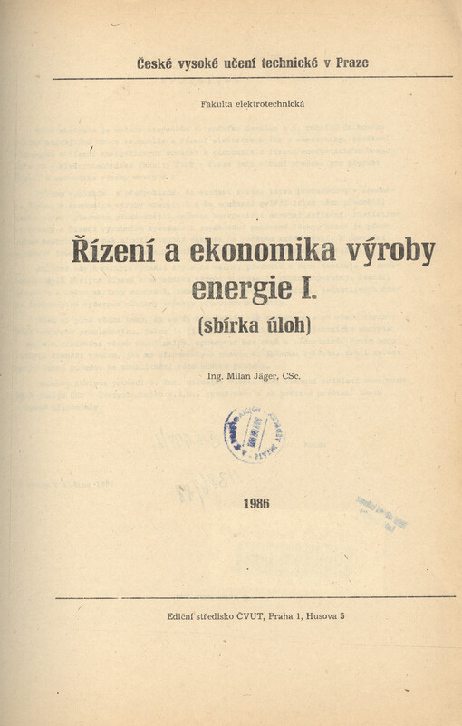 Řízení a ekonomika výroby energie I :sbírka úloh