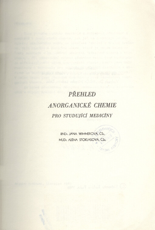 Přehled anorganické chemie pro studující medicíny :Doplňkové skriptum pro posl lék. fak. Univ. Karlovy v Hradci Králové