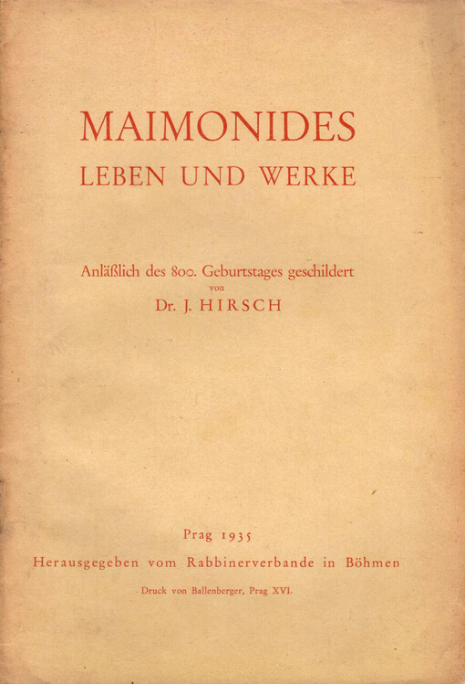 Maimonides: Leben und Werke : anlässlich des 800. Geburtstages geschildert