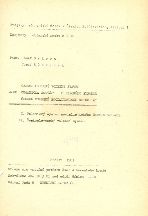 Československý volební systém jako organická součást politického systému Československé socialistické republiky
