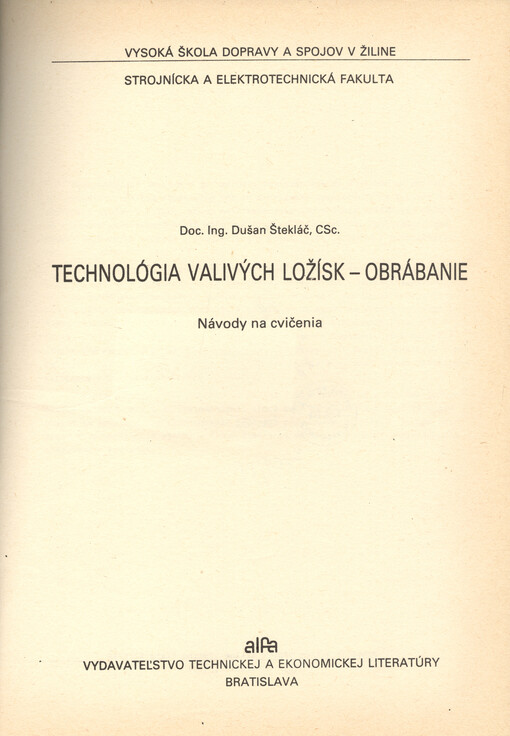 Technológia valivých ložísk : obrábanie : návody na cvičenia