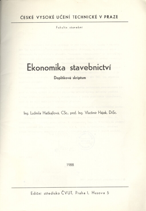 Ekonomika stavebnictví : doplňkové studium pro stud. fak. stavební