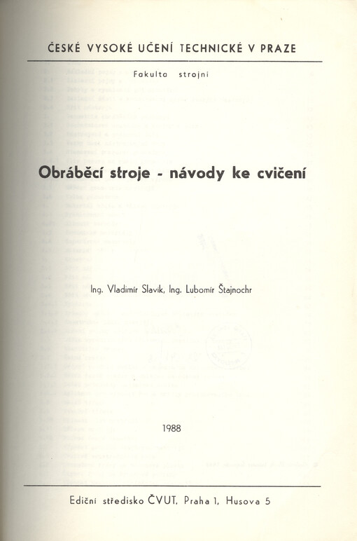 Obráběcí stroje :návody ke cvičení : určeno pro stud. fak. strojní