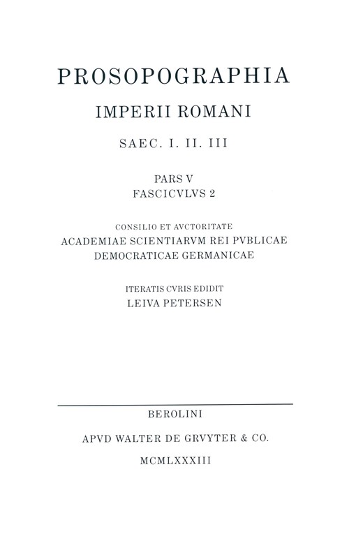 Prosopographia imperii Romani :SAEC. I. II. III.Pars V,Fasciculus 2