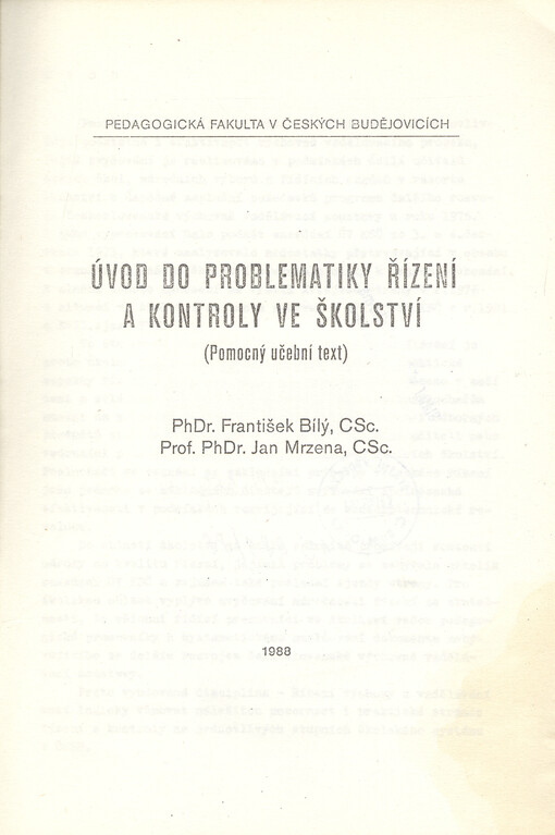 Úvod do problematiky řízení a kontroly ve školství :Pomocný učební text : Určeno pro posl. pedagog. fak. v Čes. Budějovicích