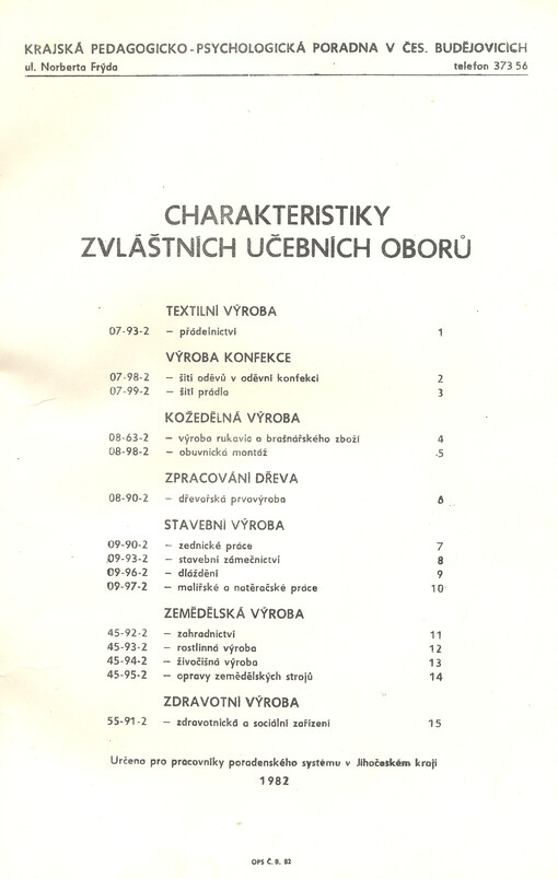 Charakteristiky zvláštních učebních oborů : určeno pro pracovníky poradenského systému v Jihočeském kraji