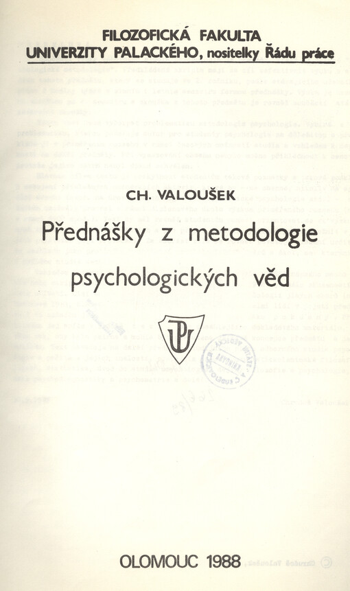 Přednášky z metodologie psychologických věd :Určeno pro 2. roč. odb. studia psychologie