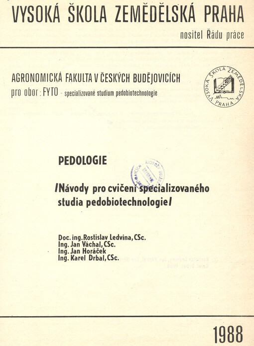 Pedologie :návody pro cvičení specializovaného studia pedobiotechnologie