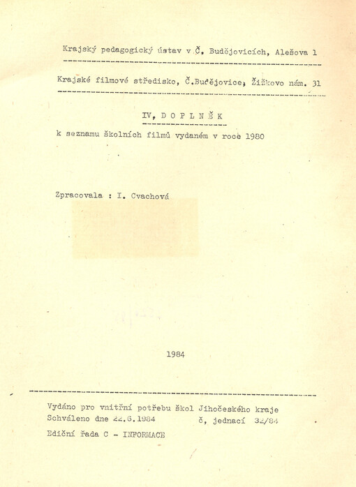 IV. doplněk k seznamu školních filmů vydaném v roce 1980