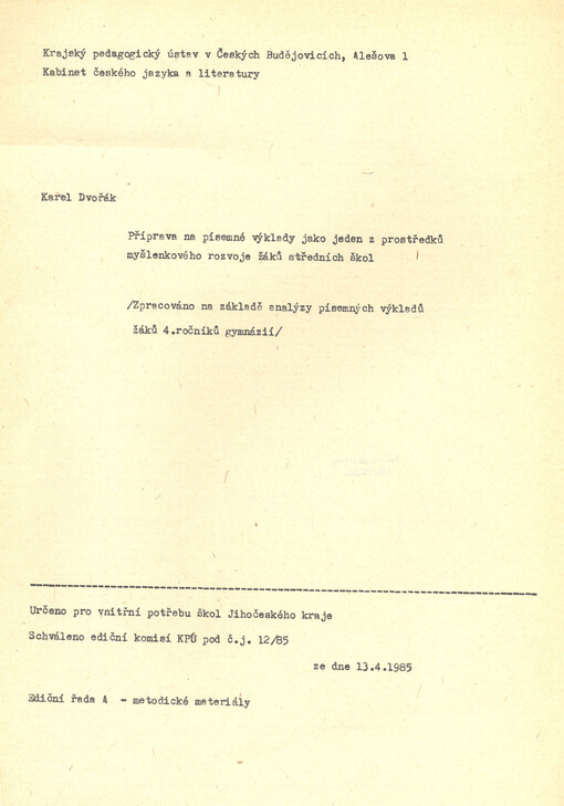 Příprava na písemné výklady jako jeden z prostředků myšlenkového rozvoje žáků středních škol