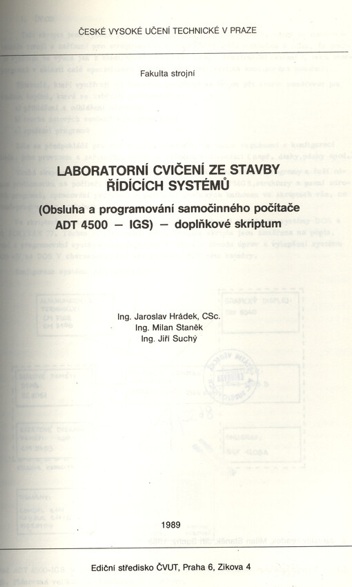 Laboratorní cvičení ze stavby řídících systémů :obsluha a programování samočinného počítače ADT 4500 - IGS : doplňkové skriptum pro stud. fak. strojní