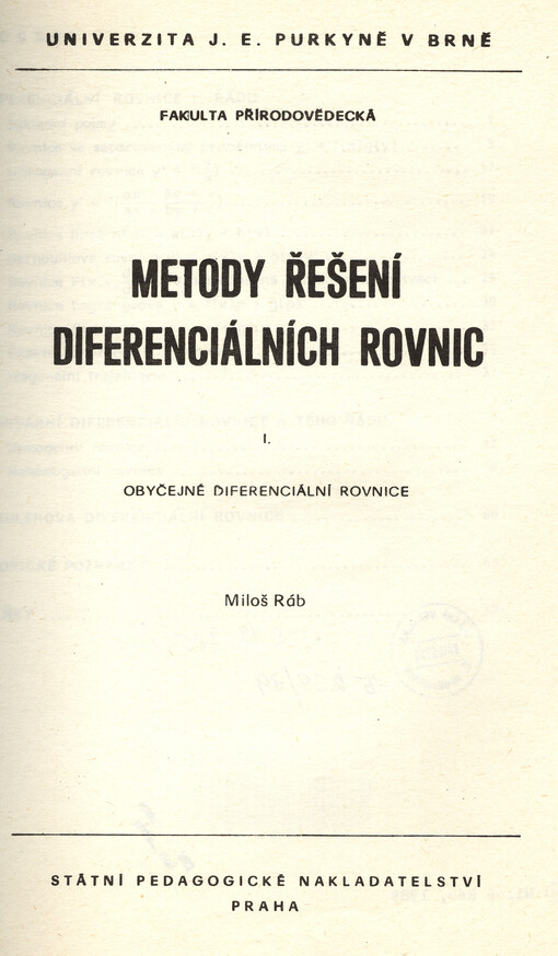 Metody řešení diferenciálních rovnic I. :obyčejné diferenciální rovnice, 1. vyd.