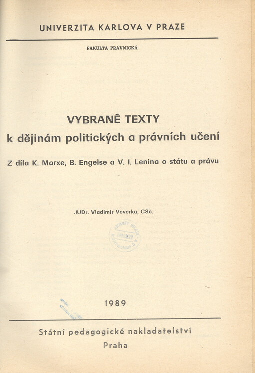 Vybrané texty k dějinám politických a právních učení : z díla K. Marxe, B. Engelse a V. I. Lenina o státu a právu
