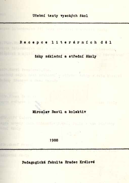 Recepce literárních děl žáky základní a střední školy