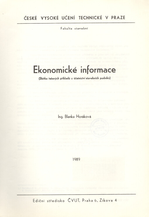 Ekonomické informace: sbírka řešených příkladů z účetnictví stavebních podniků