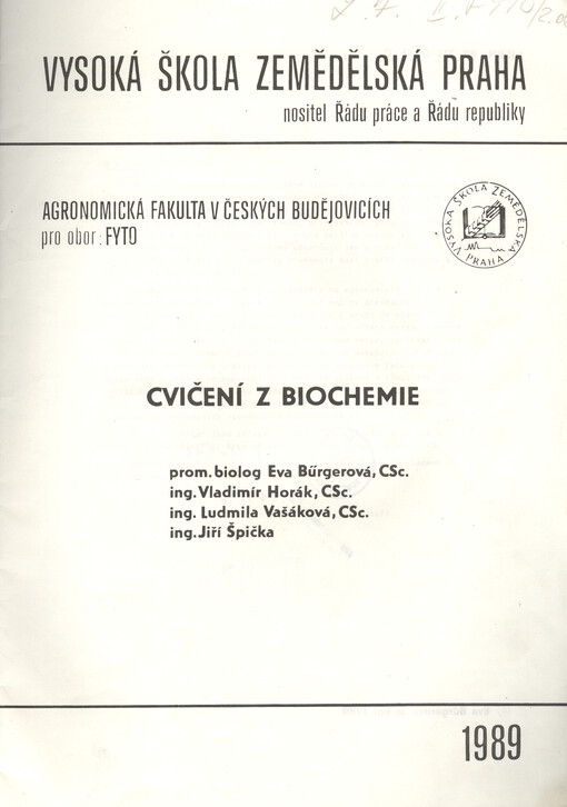 Cvičení z biochemie : určeno pro studenty oboru FYTO