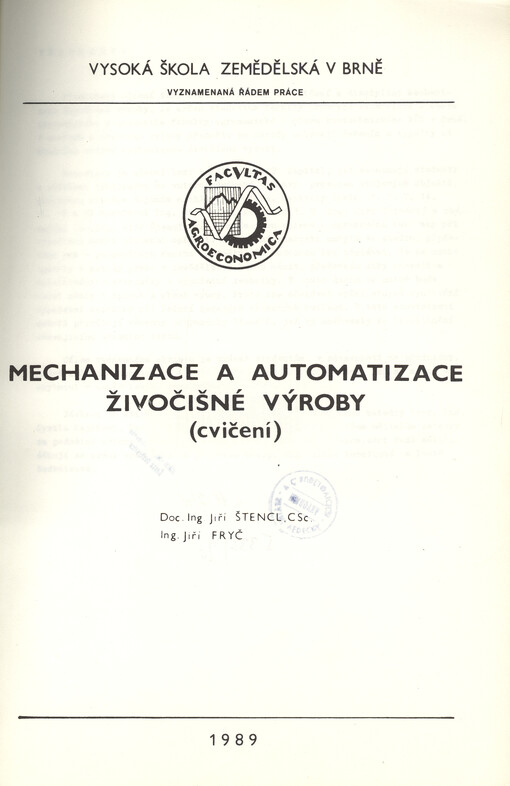 Mechanizace a automatizace živočišné výroby : (cvičení)
