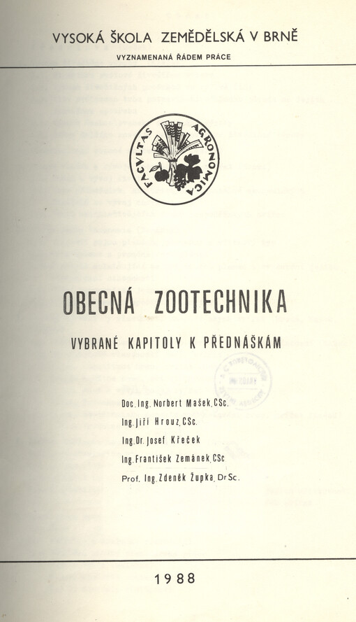 Obecná zootechnika :vybrané kapitoly k přednáškám