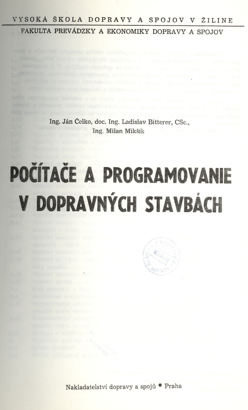 Počítače a programovanie v dopravných stavbách : Určené pre študentov Vys. školy dopravy a spojov