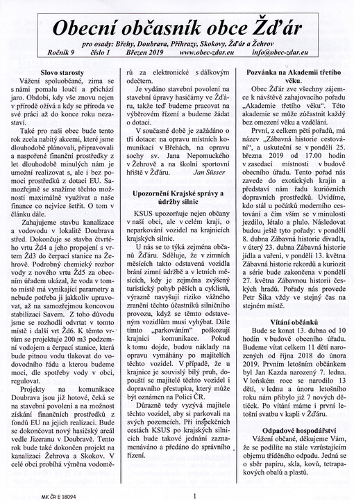 Obecní občasník obce Žďár : pro osady: Břehy, Doubrava, Příhrazy, Skokovy, Žďár a Žehrov