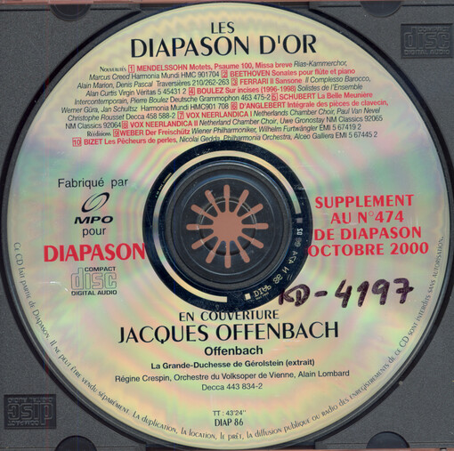 Les Diapason d'or supplement au no. 474 de Diapason octobre 2000
