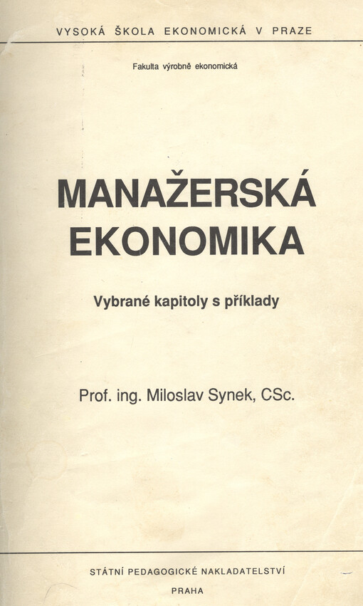 Manažerská ekonomika :vybrané kapitoly s příklady
