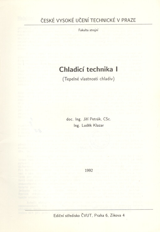 Chladicí technika I : (tepelné vlastnosti chladiv)