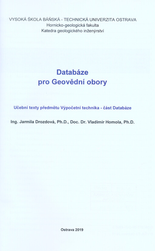 Databáze pro Geovědní obory : učební texty předmětu Výpočetní technika - část Databáze