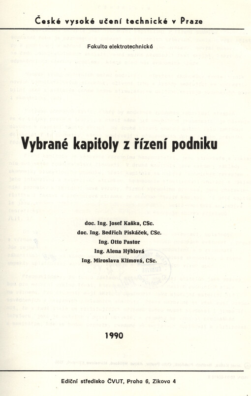 Vybrané kapitoly z řízení podniku : určeno pro stud. fak. elektrotechn.