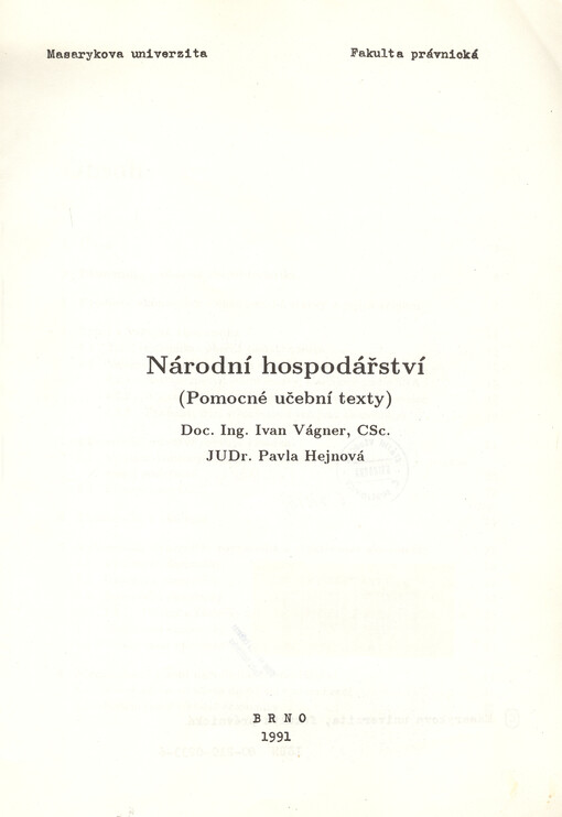 Národní hospodářství : pomocné učební texty : určeno pro posl. fak. právnické