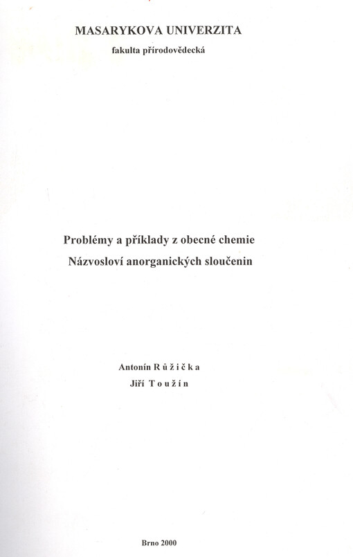 Problémy a příklady z obecné chemie ; Názvosloví anorganických sloučenin