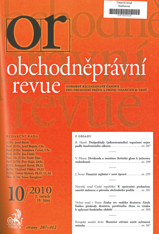 Obchodněprávní revue : odborný recenzovaný časopis pro obchodní právo a právo finančních trhů