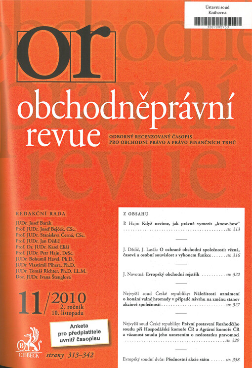 Obchodněprávní revue : odborný recenzovaný časopis pro obchodní právo a právo finančních trhů