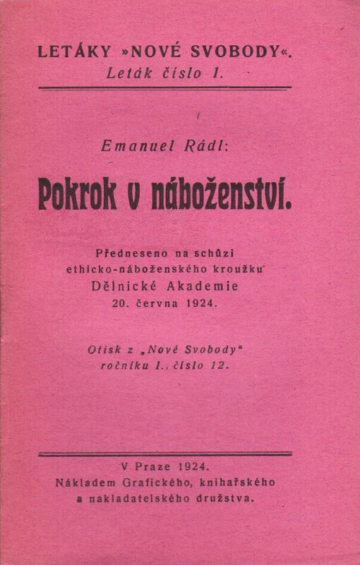 Pokrok v náboženství :předneseno na schůzi ethicko-náboženského kroužku Dělnické akademie 20. června 1924