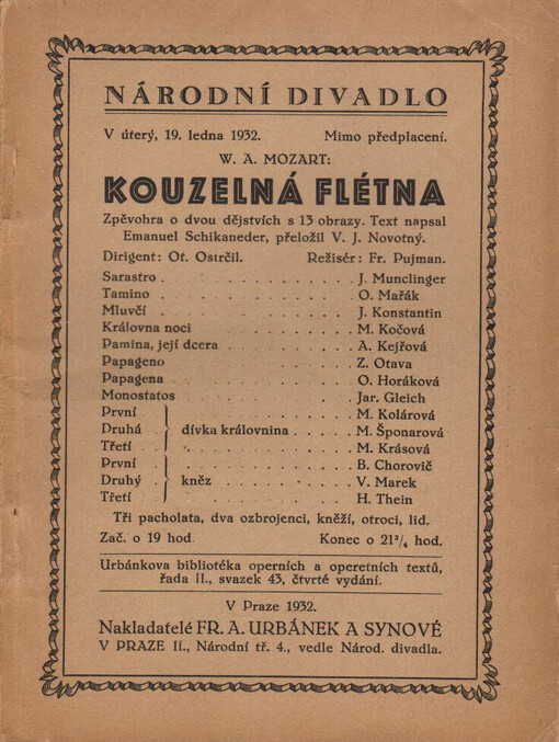 Kouzelná flétna :zpěvohra o 2 jednáních s 13 obrazy od W.A. Mozarta