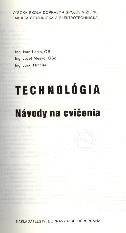 Technológia :Návody na cvičenia : Určené pre študentov Vysokej školy dopravy a spojov