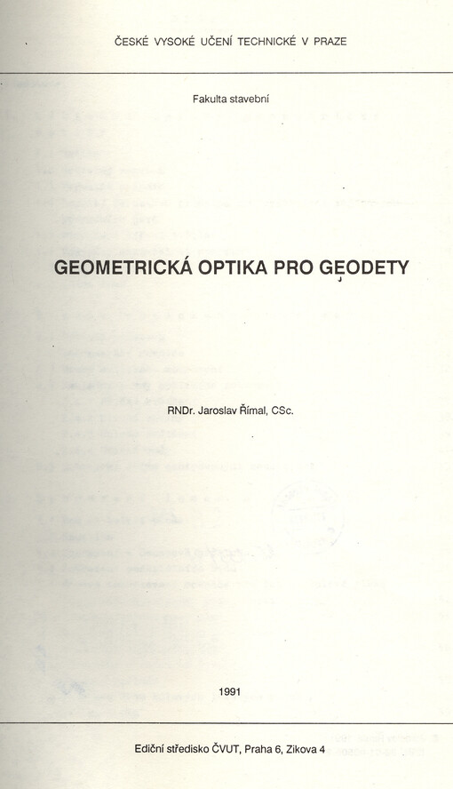 Geometrická optika pro geodety :určeno pro stud. fak. stavební