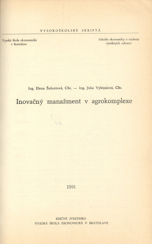 Inovačný manažment v agrokomplexe